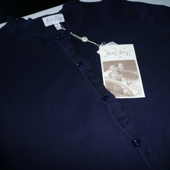 Rachel Riley Girl SZ 12 Ruffled Edge Cardigan Navy Blue Sweater Sparkle Buttons - Picture 3 of 9